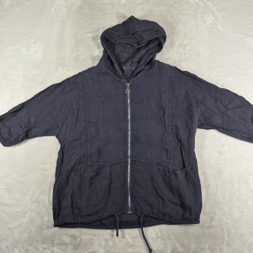 Meo Meli Full Zip Hoodie Women's One Size Navy Blue 100% Linen Comfort Italy